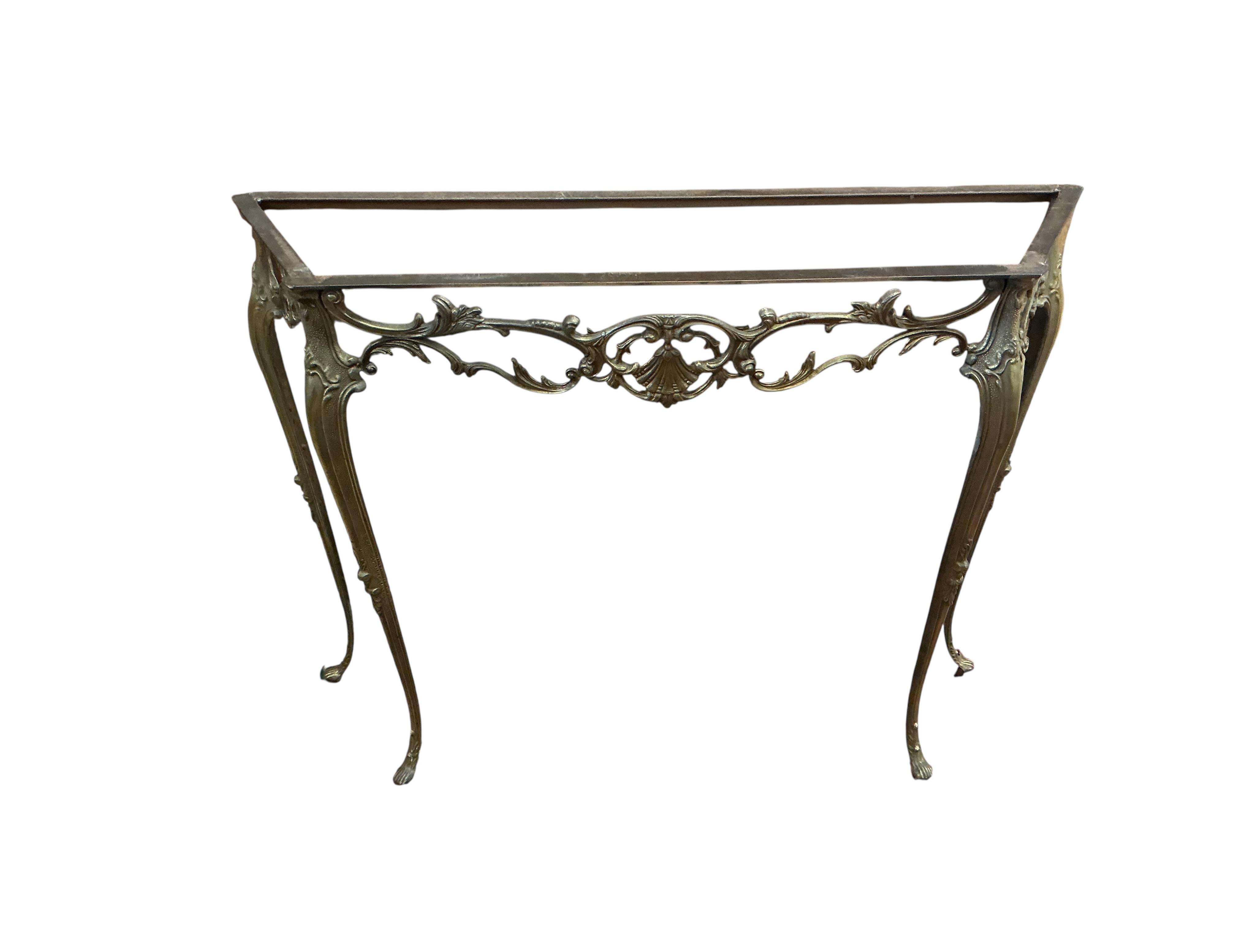 A mid century brass and reconstituted marble serpentine console table, width 90cm, depth 28cm, height 76cm